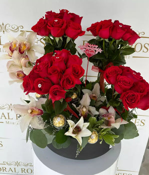 Luxury Rose & Orchid Arrangement. Each bloom is carefully chosen for its beauty and fragrance, creating a sensory experience that will take your breath away, home delivery in Miami, Doral Roses Florist